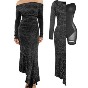 Sparkly Dresses for Women Long Sleeve Off The Shoulder Cocktail Dresses Bodycon Shapewear Mermaid Dress