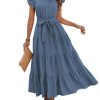 Women's Summer Casual Dresses 2025 Cap Ruffle Sleeve V Neck Button Belted Tiered Boho Maxi Dress with Pockets