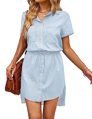 Women Casual Denim Dress Short Sleeve Tie Waist Classic Jean Shirt Dress