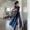 Women Elegant One-Piece with Slit Cut-Out Blue Jean Sundress Sleeveless Denim Dress