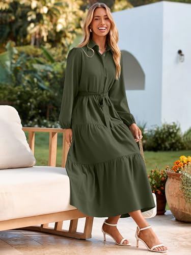 Womens Long Sleeve Dresses 2025 Fall Maxi Casual V Neck Belted Button Down Wedding Guest Shirt Dress with Pockets