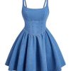 Women's Casual Square Neck Denim Dress Ruffle Hem A Line Mini Dress