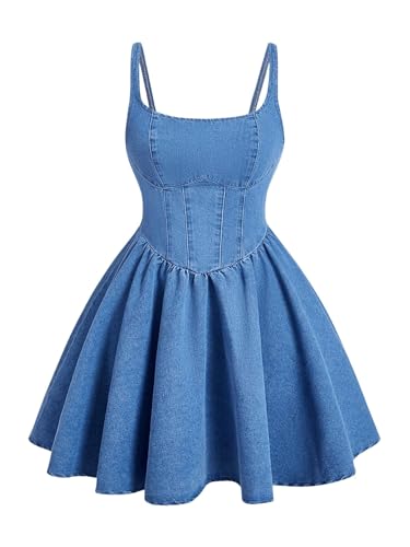 Women's Casual Square Neck Denim Dress Ruffle Hem A Line Mini Dress