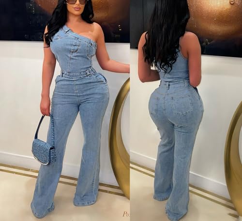 Women Trendy Asymmetric One Piece Bodycon Denim Romper Sexy Slim Jean Jumpsuit Oversize Fascinating Stretch Pants