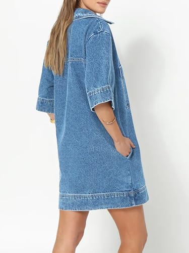 Womens Denim Shirt Dress Summer Collared V Neck Mini Casual Jean Dresses with Pockets