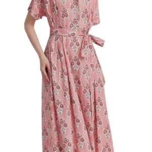 Womens Summer Floral Maxi Dress Short Sleeve V Neck Button Belt Casual Long Flowy Shirt Dress
