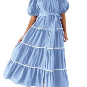 Women's Summer Button Down Shirt Dress Short Puffy Sleeve Tiered Ruffle Flowy Long Maxi Dresses
