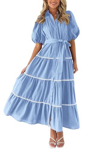 Women's Summer Button Down Shirt Dress Short Puffy Sleeve Tiered Ruffle Flowy Long Maxi Dresses