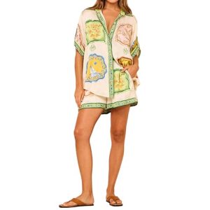 Women's Summer Casual 2 Piece Outfit,Printed Short Sleeve Shirt & Shorts Lounge Set with Elastic Waist and Pocket