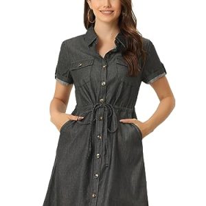 Women's Jean Dress Short Sleeve Tie Waist Casual Button Down Shirt Denim Dresses