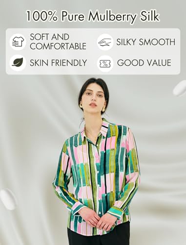 Women's 100% Pure Silk Blouse Long Sleeve Button Down Shirt Spring Summer Elegant Floral Striped Tops Women Smooth Blouses