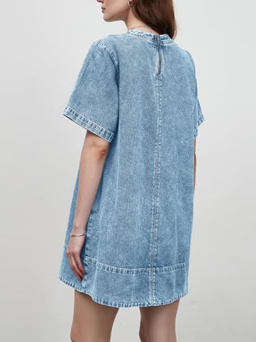 Denim Dress for Women Summer Casual Short Sleeve Chambray Mini Jean Dresses with Pockets