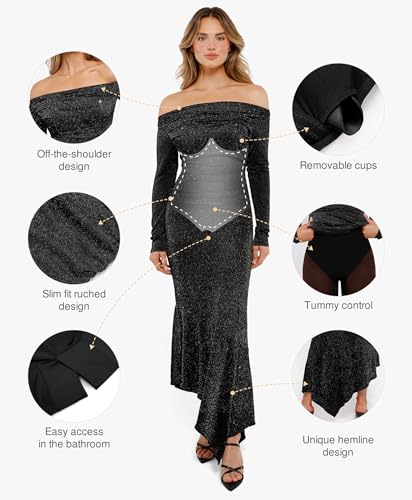 Sparkly Dresses for Women Long Sleeve Off The Shoulder Cocktail Dresses Bodycon Shapewear Mermaid Dress