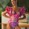 Ruffle Blue and White Porcelain Pattern Majolica Print One Piece Swimsuit and Skirt/Sarong
