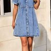 Denim Dress for Women with Pockets Short Sleeve Babydoll Denim Shirt Dresses for Women 2025