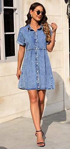 Denim Dress for Women with Pockets Short Sleeve Babydoll Denim Shirt Dresses for Women 2025