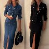 Womens Lapel Long Sleeve Maxi Denim Dress Slim Bodycon Slit 1/2 Button Shirt Dresses