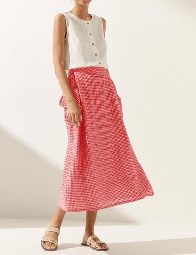 Plaid Skirts for Women Elastic Waist Midi Skirt with Pockets Vintage Flowy Gingham Long Skirt