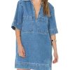 Womens Denim Shirt Dress Summer Collared V Neck Mini Casual Jean Dresses with Pockets