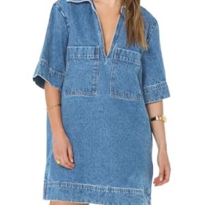 Womens Denim Shirt Dress Summer Collared V Neck Mini Casual Jean Dresses with Pockets