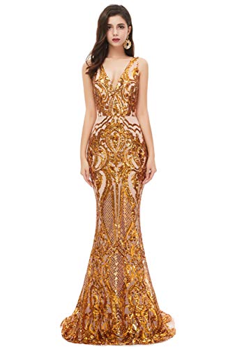 Women's V-Neck Sequins Sleeveless Lace-up Mermaid Evening Dress