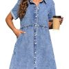 Denim Dress for Women with Pockets Short Sleeve Babydoll Denim Shirt Dresses for Women 2025