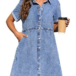 Denim Dress for Women with Pockets Short Sleeve Babydoll Denim Shirt Dresses for Women 2025