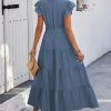 Women's Summer Casual Dresses 2025 Cap Ruffle Sleeve V Neck Button Belted Tiered Boho Maxi Dress with Pockets