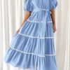 Women's Summer Button Down Shirt Dress Short Puffy Sleeve Tiered Ruffle Flowy Long Maxi Dresses