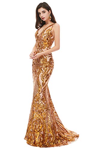 Women's V-Neck Sequins Sleeveless Lace-up Mermaid Evening Dress
