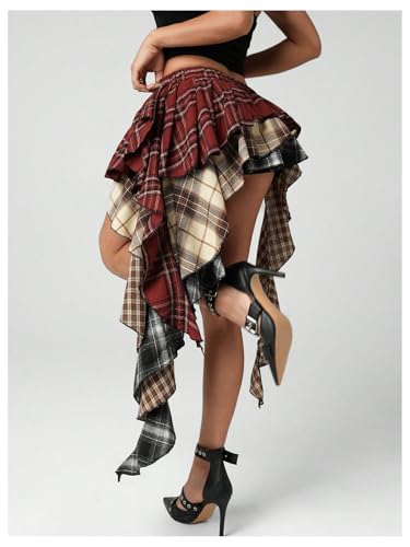 Women's Plaid Ruffle Mini Skirt Y2k A Line Layered Asymmetrical Hem Skirts with Shorts Underneath