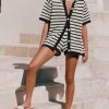Womens Crochet Swimsuit Coverup Summer Beach Sets Striped Knit Short Sleeve Button Shirts 2 Piece Short Set