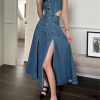 Women Elegant One-Piece with Slit Cut-Out Blue Jean Sundress Sleeveless Denim Dress