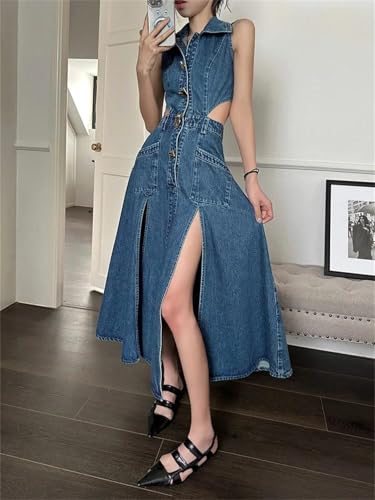 Women Elegant One-Piece with Slit Cut-Out Blue Jean Sundress Sleeveless Denim Dress