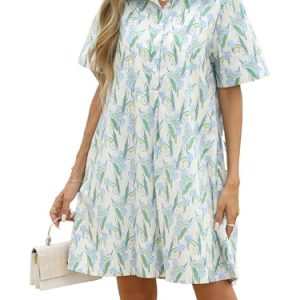 Summer Floral Dress Women's Printed Casual Sundress Short Sleeve Button Up Shirt Dresses with Pockets