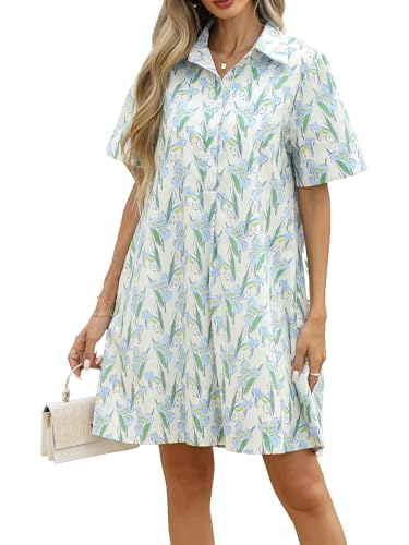 Summer Floral Dress Women's Printed Casual Sundress Short Sleeve Button Up Shirt Dresses with Pockets