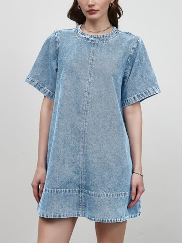 Denim Dress for Women Summer Casual Short Sleeve Chambray Mini Jean Dresses with Pockets