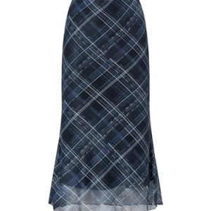 Women's Vintage Plaid Print Layered Fishtail Skirt High Waist Long Skirts