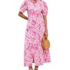Women's Summer Floral Midi Dress Casual Ruffle Neck Puff Sleeve Button Down Shirt Dresses??No Stretch