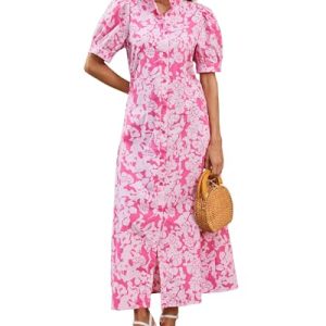 Women's Summer Floral Midi Dress Casual Ruffle Neck Puff Sleeve Button Down Shirt Dresses??No Stretch