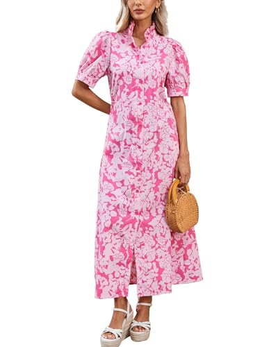 Women's Summer Floral Midi Dress Casual Ruffle Neck Puff Sleeve Button Down Shirt Dresses??No Stretch