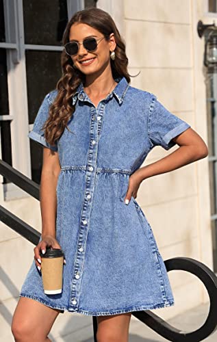 Denim Dress for Women with Pockets Short Sleeve Babydoll Denim Shirt Dresses for Women 2025