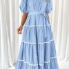 Women's Summer Button Down Shirt Dress Short Puffy Sleeve Tiered Ruffle Flowy Long Maxi Dresses