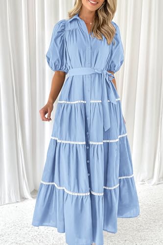Women's Summer Button Down Shirt Dress Short Puffy Sleeve Tiered Ruffle Flowy Long Maxi Dresses