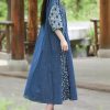 Flower Pattern Casual Denim Dress Blue Short Sleeved Patch Medium Long Robe Loose Fit