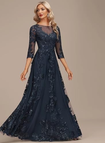 Lace Appliques Mother of The Bride Dresses Long with 3/4 Sleeve Beaded Scoop Neck Formal Gowns