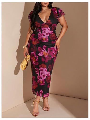 Women's Plus Size Floral Maxi Dress V Neck Ruffle Short Sleeve Bodycon Vacation Mesh Dresses
