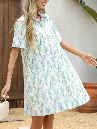 Summer Floral Dress Women's Printed Casual Sundress Short Sleeve Button Up Shirt Dresses with Pockets