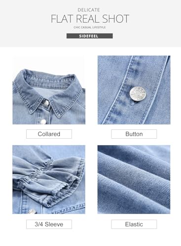 Womens Smocked 3 4 Sleeve Button Down Denim Jeans Dresses