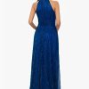 Women's Long Metallic Sleeveless Halter Neck Wrap Overlay Gown